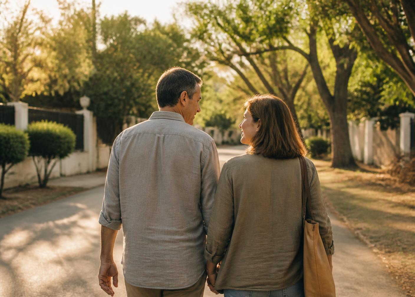 A couple in their fifties walking together on a tree-lined path in late afternoon light