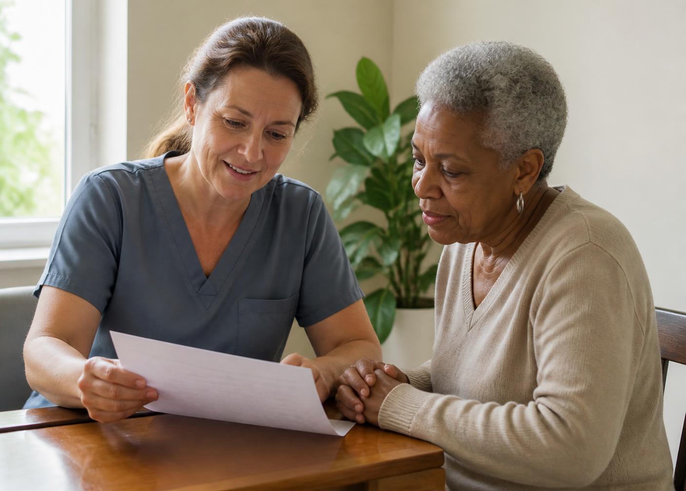 A nurse practitioner and a patient reviewing a printed plan together at a table