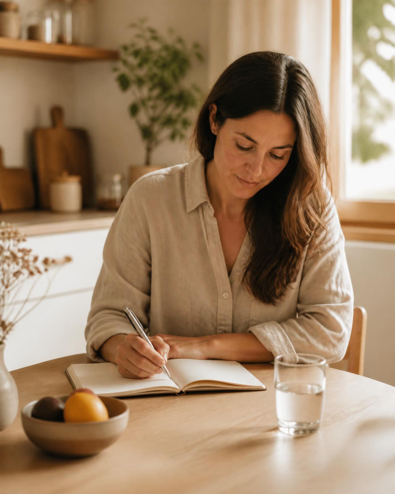 A woman writing in a notebook at a sunlit kitchen table, planning her wellness path forward