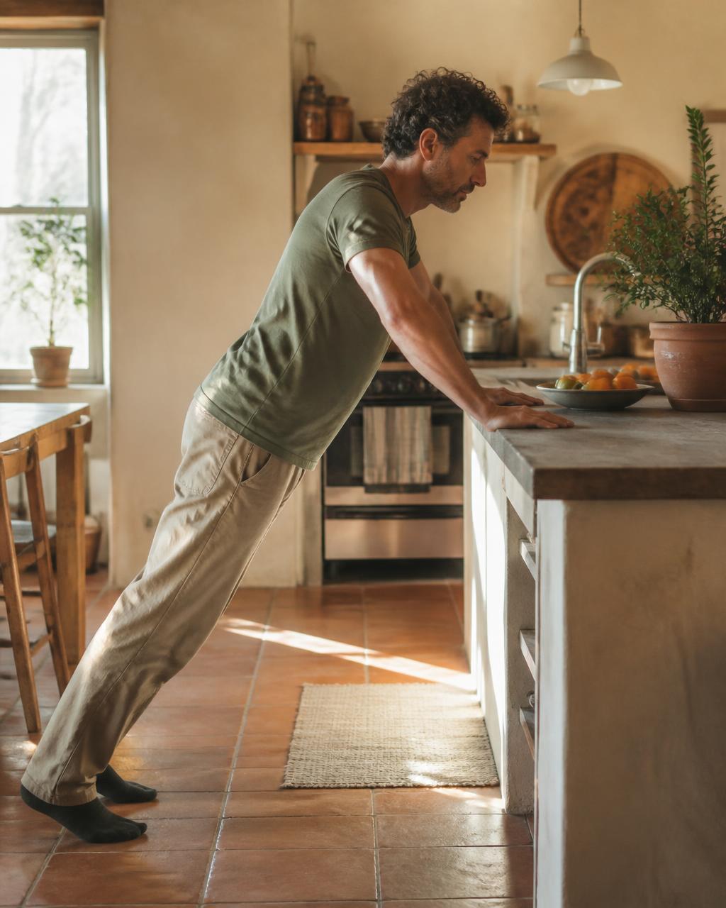 Man doing a counter pushup against his kitchen counter
