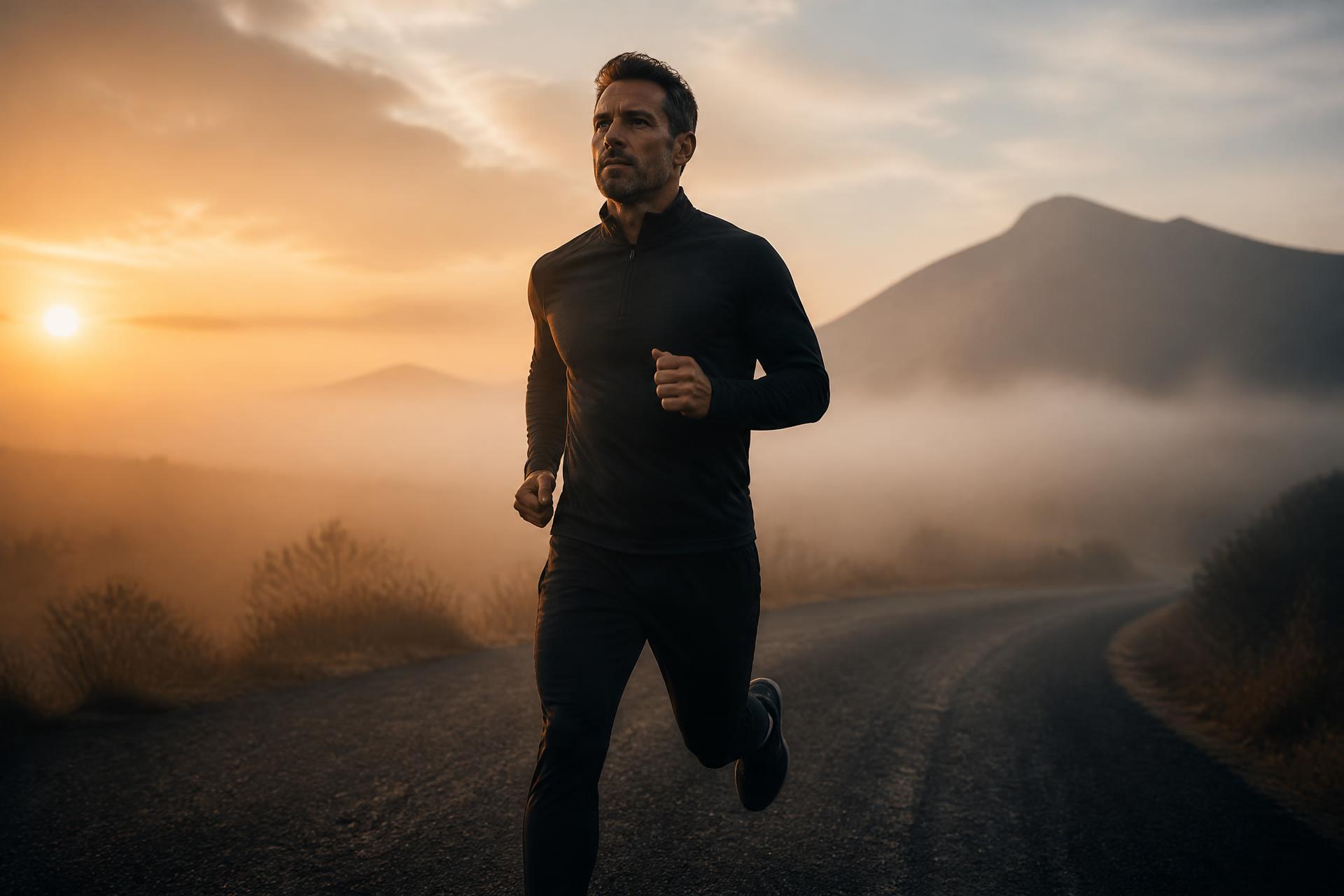 A runner moving through fog at sunrise