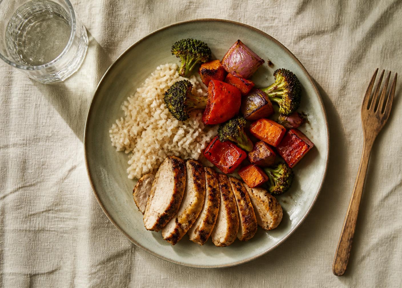 An overhead view of a plate with grilled chicken, roasted vegetables and rice